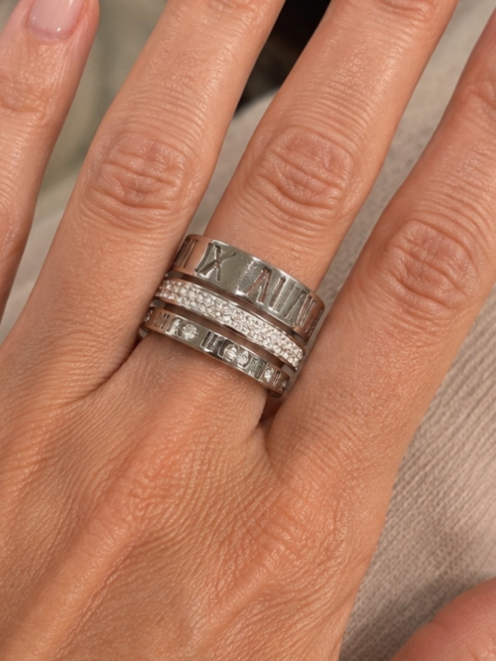Stacked Roman Numeral & Pave Crystal Ring Set - Silver -